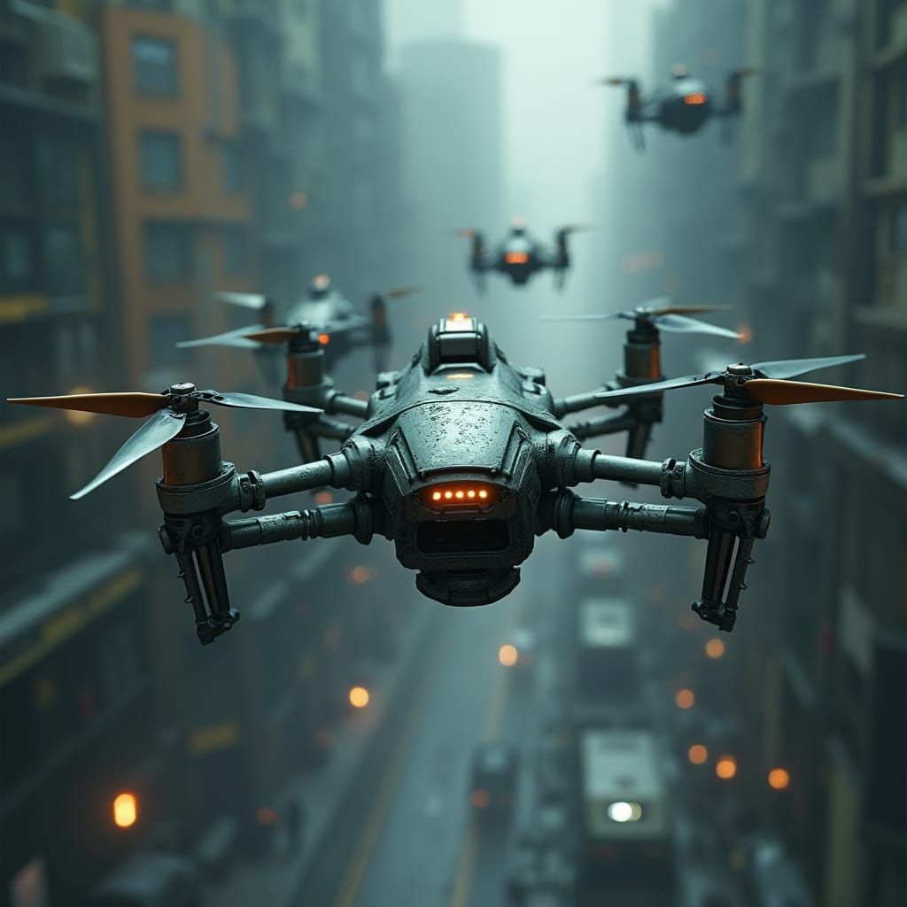 Mechanized Uzi Drones in Gritty Dystopian Cityscape
