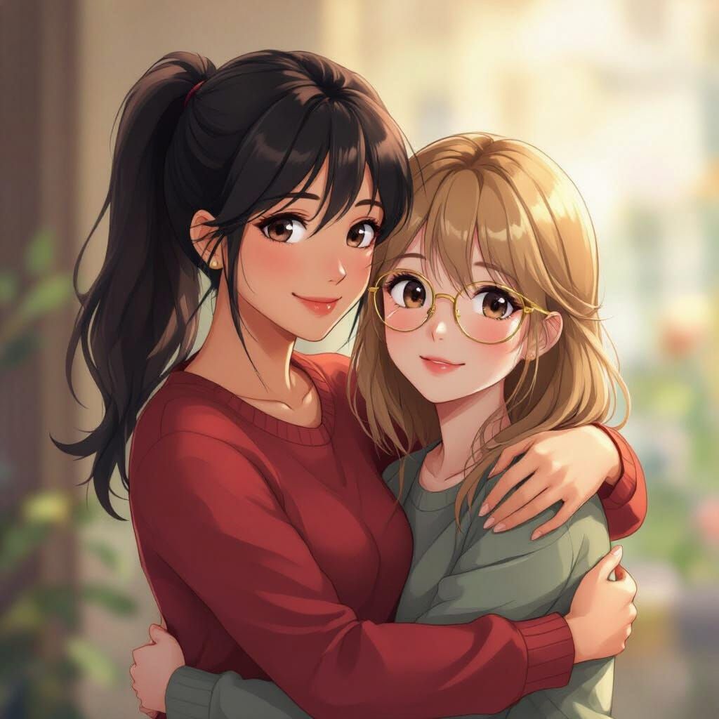 Loving Mother and Daughter Embrace in Anime Style