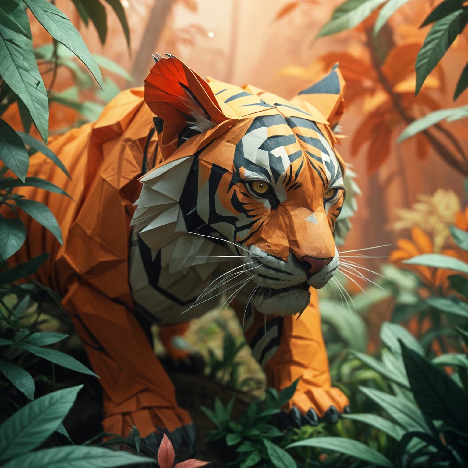 Origami Tiger in a Lush, Futuristic Jungle