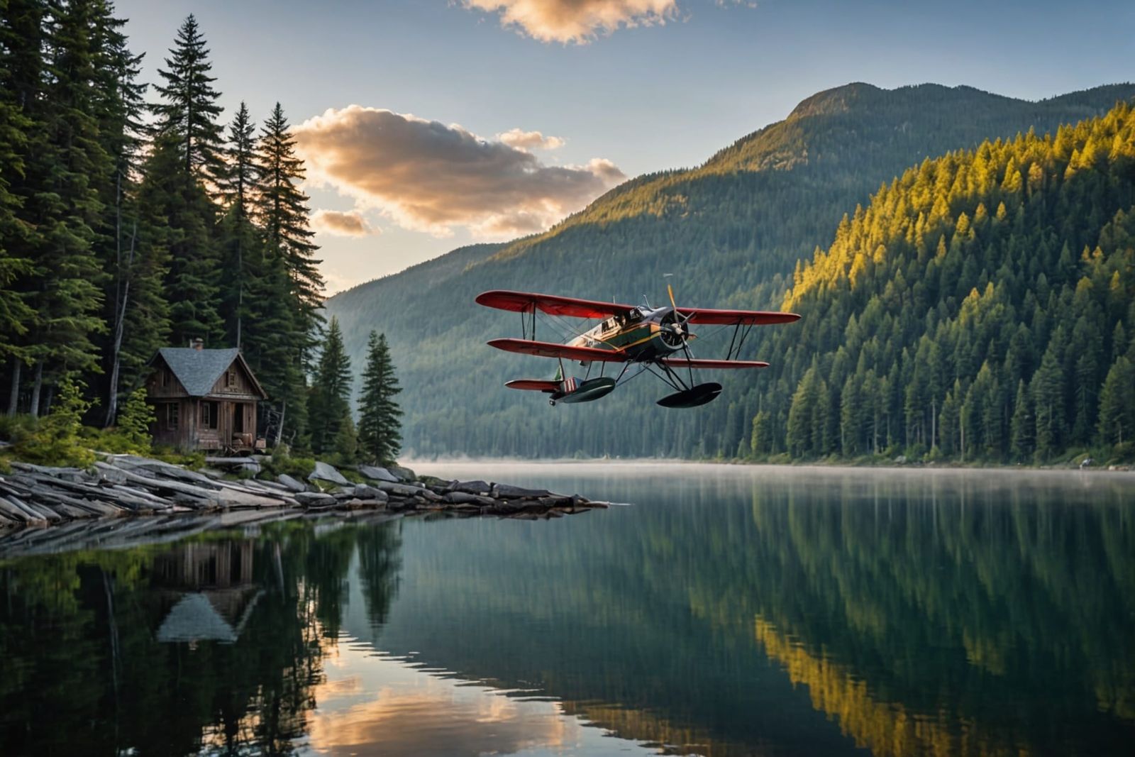 1920s Seaplane Biplane Takes Flight at Sunrise