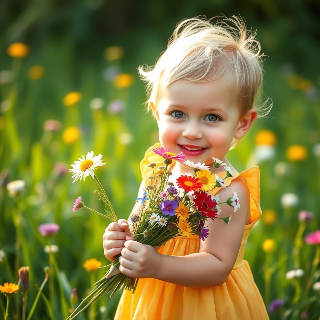 Innocent Child Offers Vibrant Wildflowers in Summer Meadow