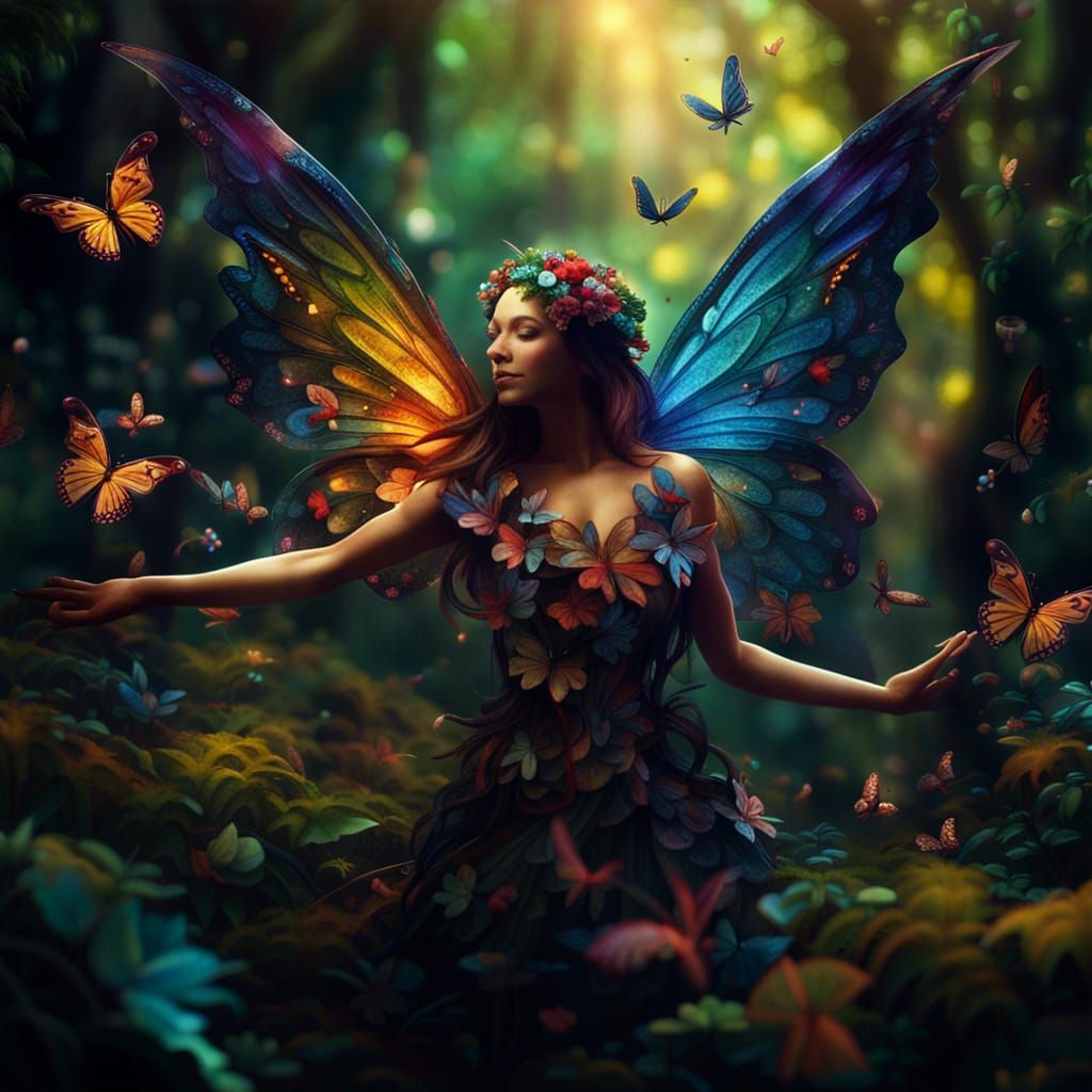 Fairy and butterflies in the forest.