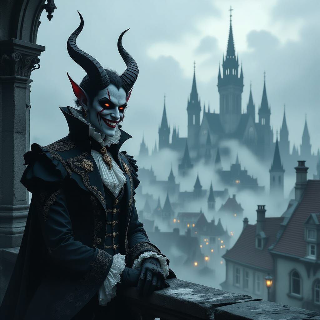 Smiling Demon Overlooks Gothic Town in Dreamlike Lighting
