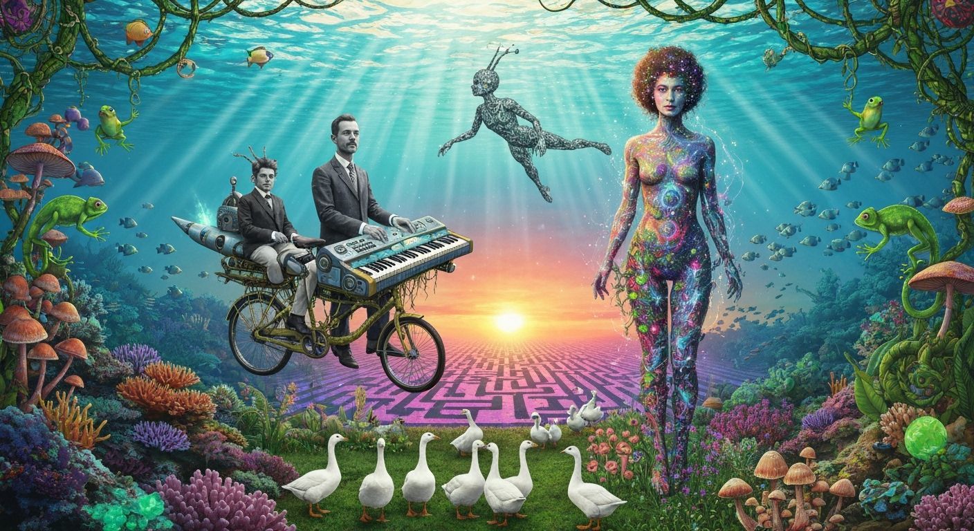 Surreal Underwater World with Fractal Figure and Bioluminesc...