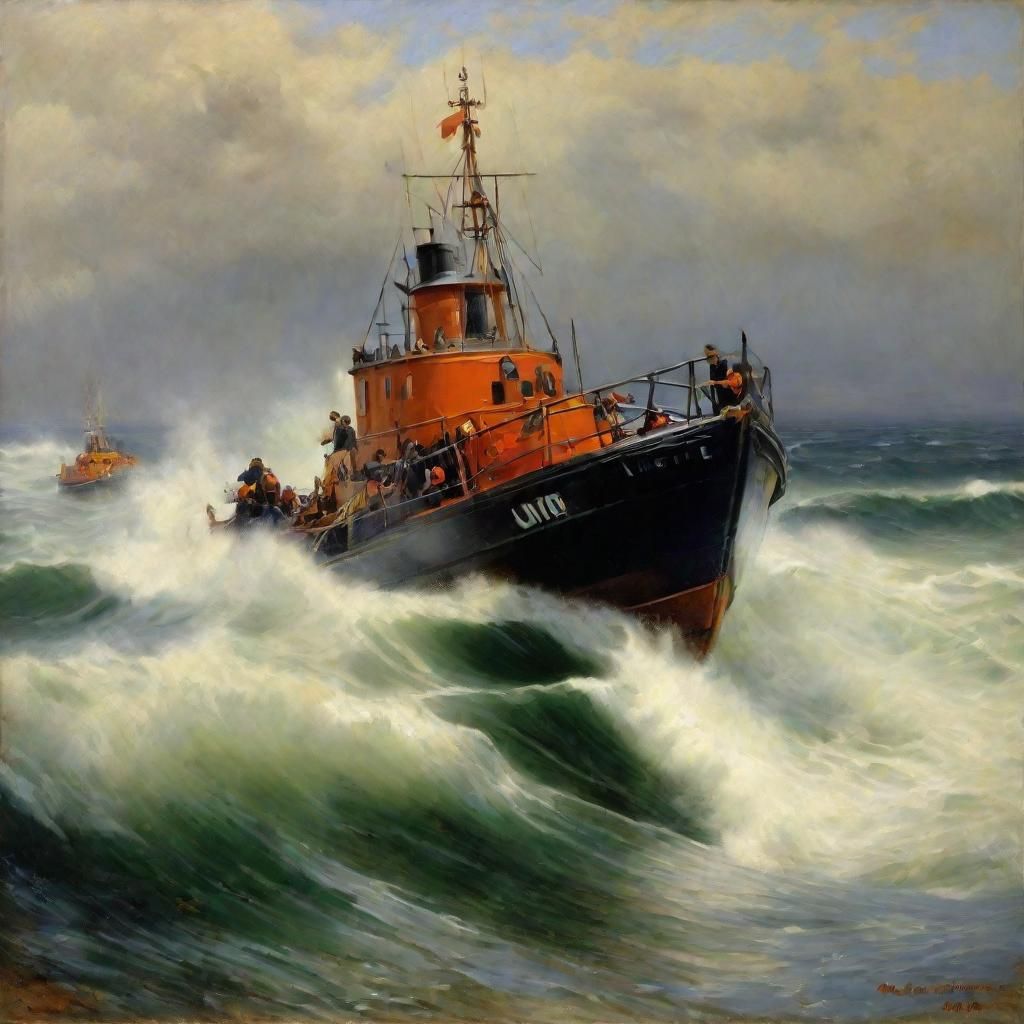 RNLI Lifeboat Rescue at Sea, Historical Oil Painting