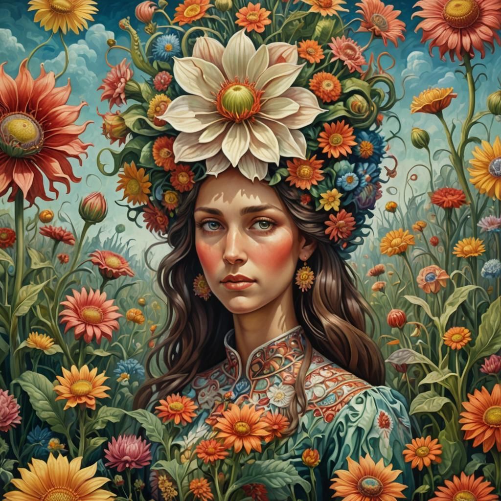 Woman with Flower Crown: Ernst Haeckel-Inspired Painting