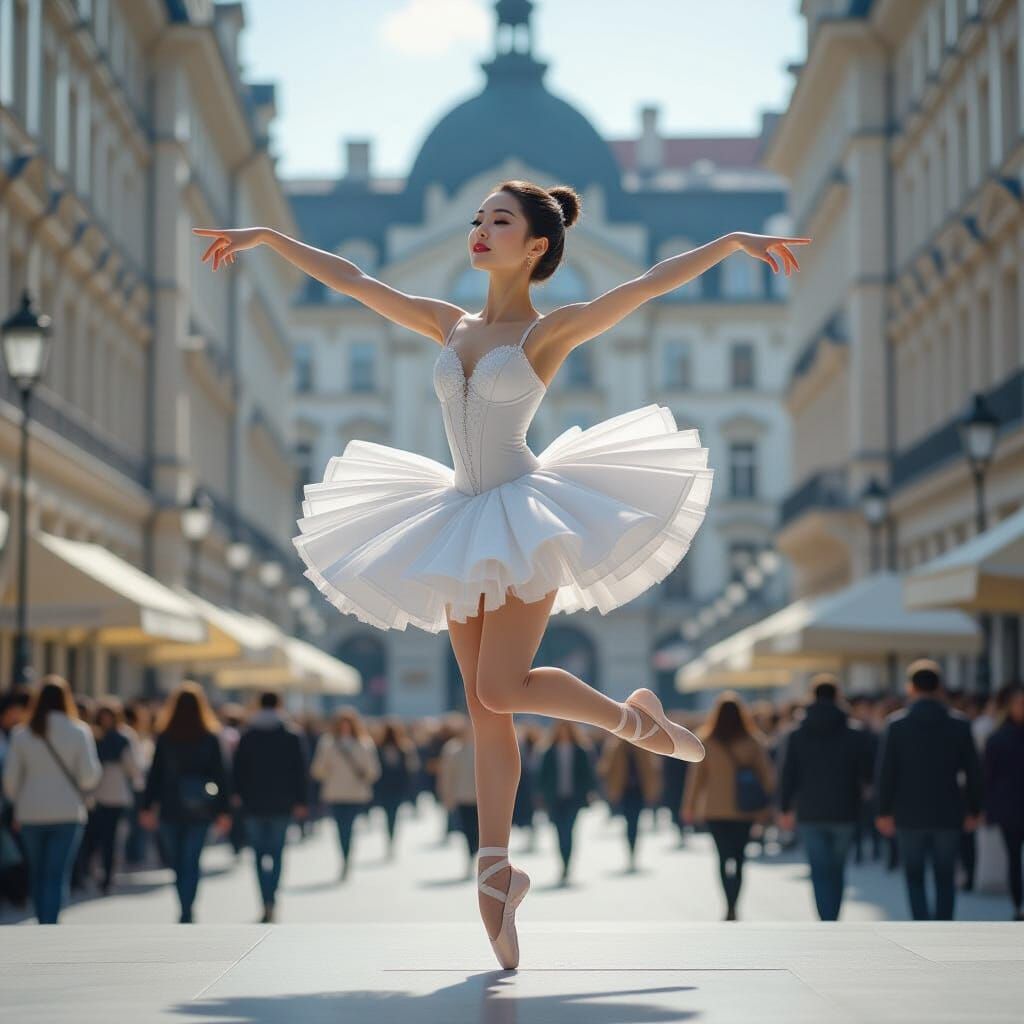 Marble Ballerina in City Square, Hyperrealistic Sculpture