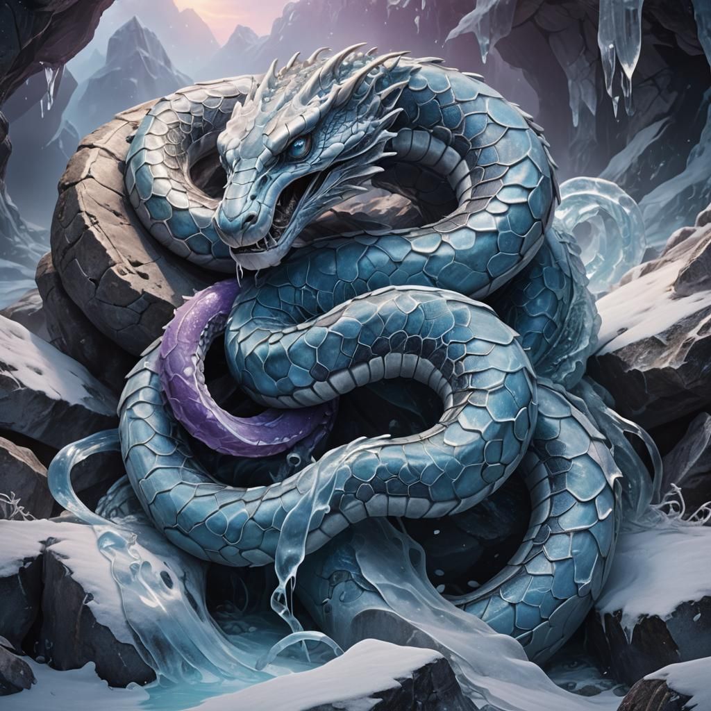 Ethereal Ice Snake Coiled Around Ancient Stone