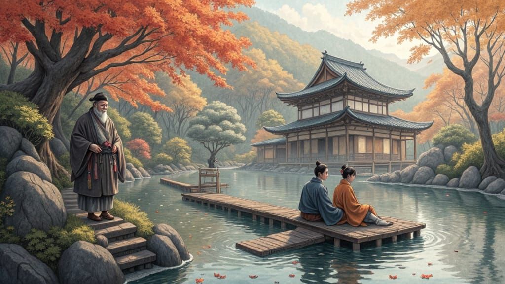 Young Couple in Traditional Japanese Attire on Water Platfor...
