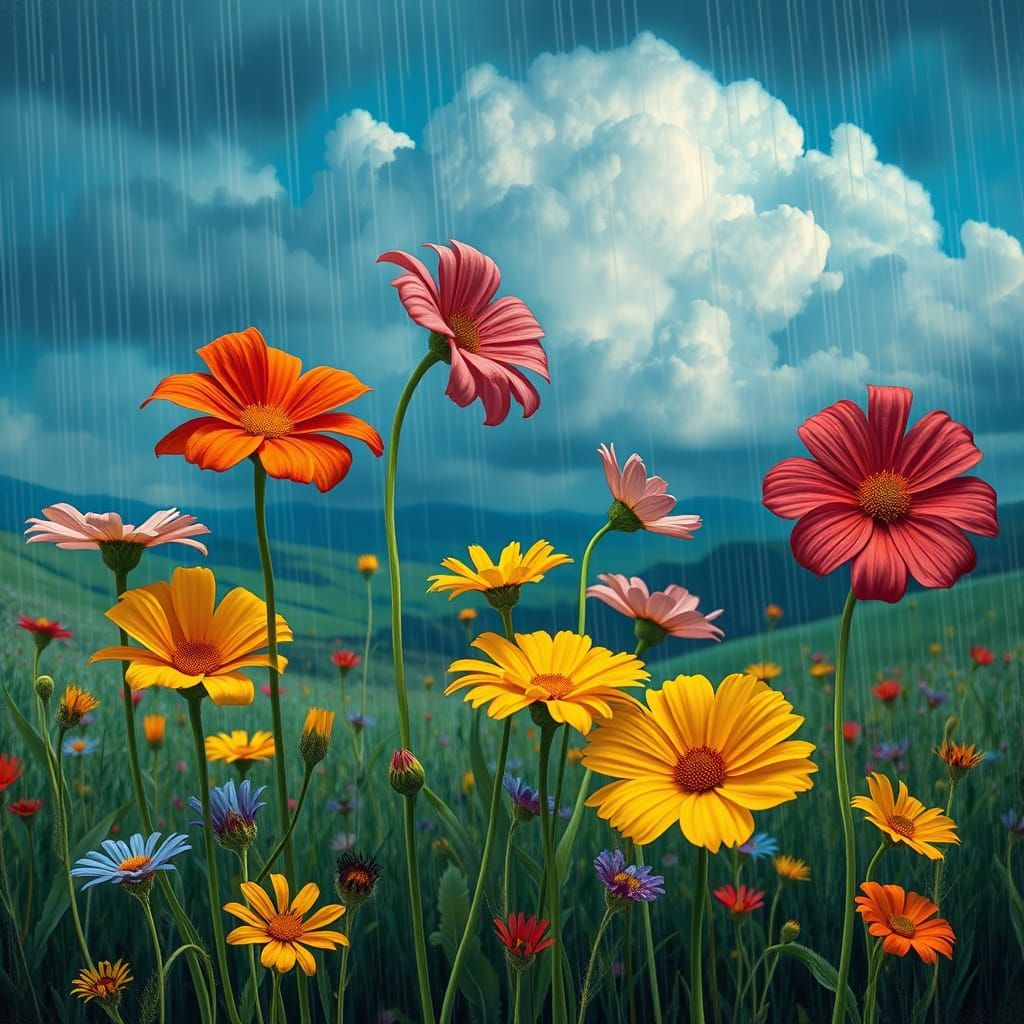 Wildflowers in Summer Rain: A Surrealist Impression