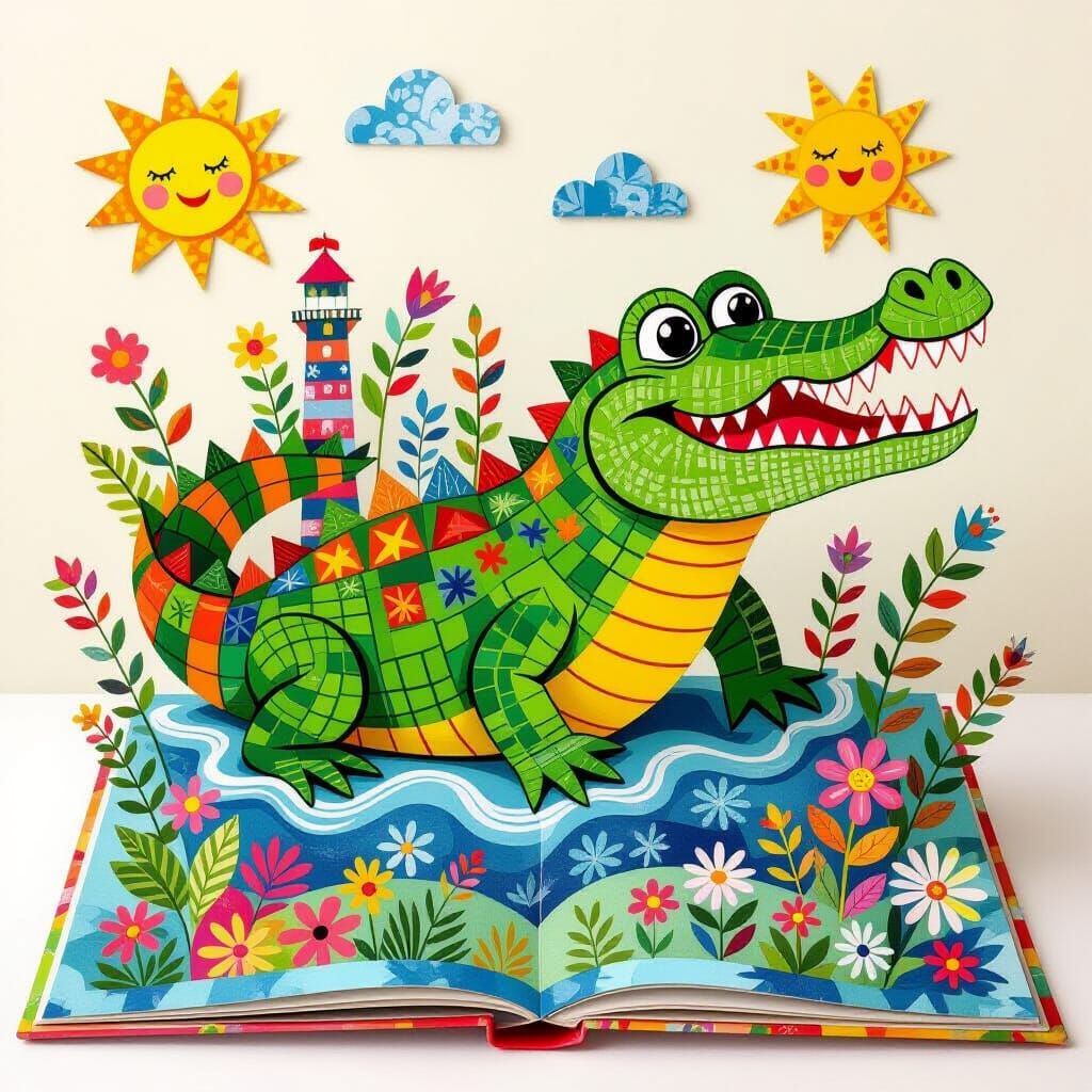 Crocodile Emerges from Pop-Up Book in Collage Style