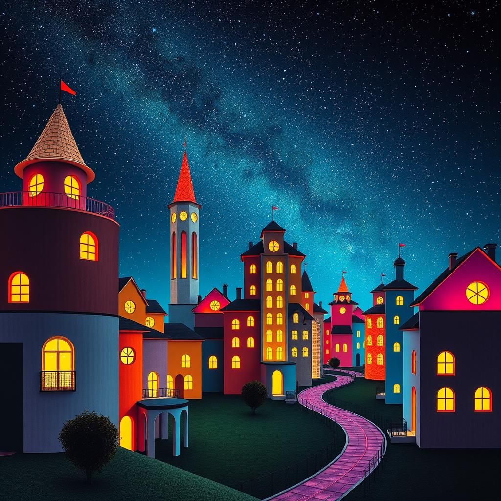 Surreal Musical Cityscape at Night in Dreamlike Style