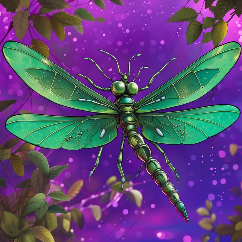 Sparkling Dragonfly in Cyberpunk Neon Landscape