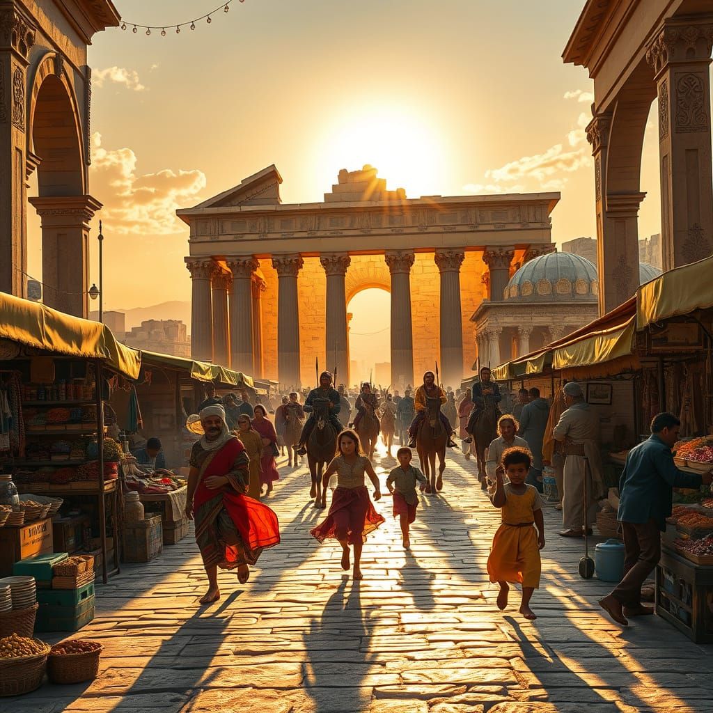 Persian Villagers in Bustling Bazaar at Golden Hour