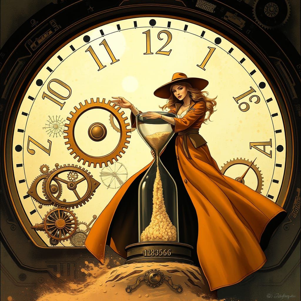 Woman Sweeping Sands of Time in Futuristic Art