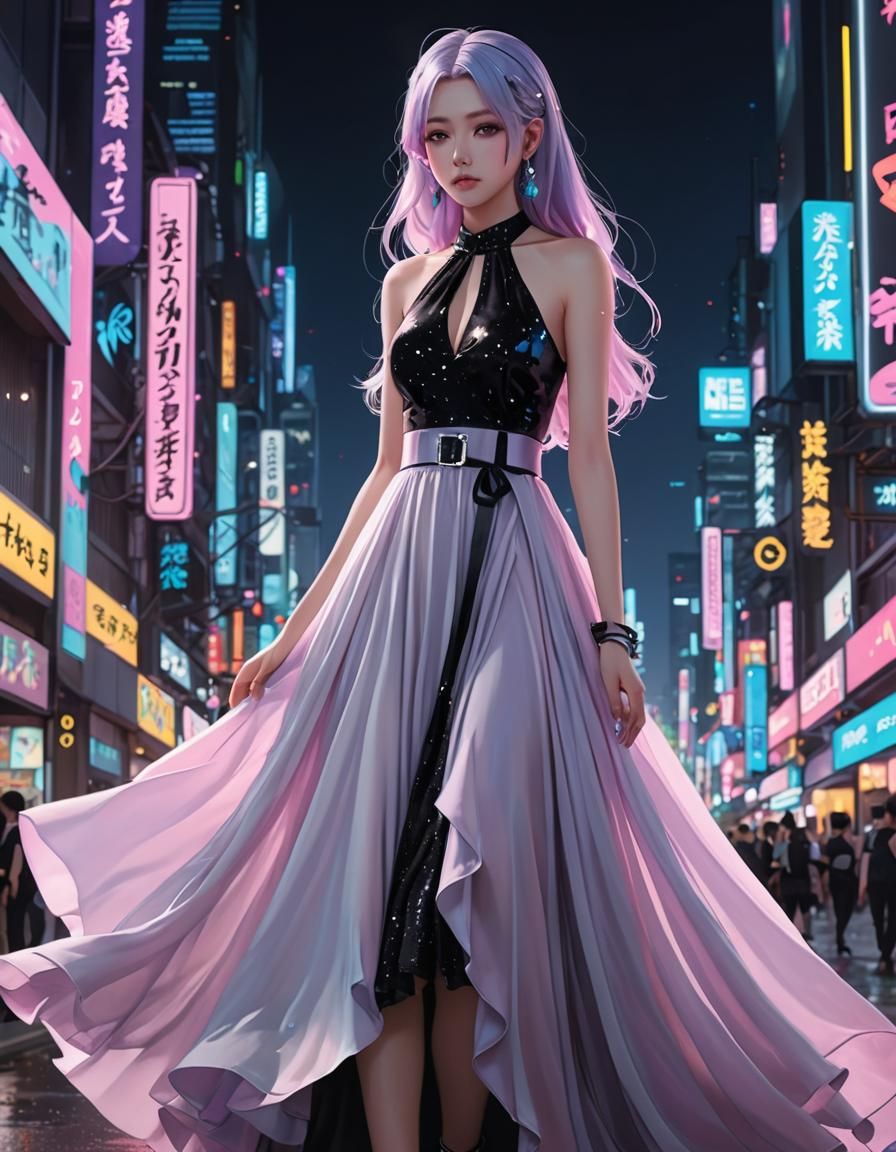 Pastel Goth Dress with Neon Lights in Anime Style
