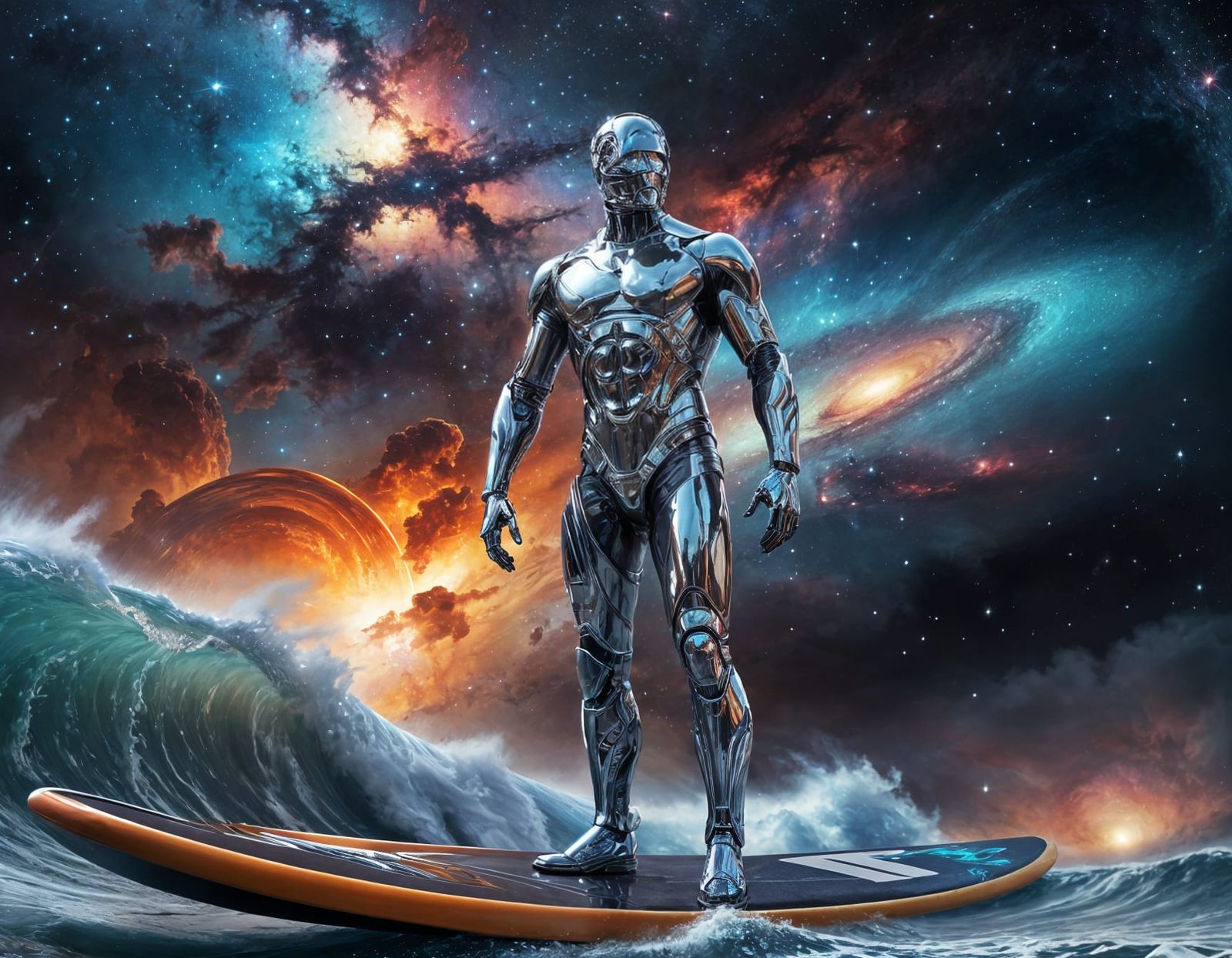 Galactic Surfer in Chrome Armor Rides Nebula Waves