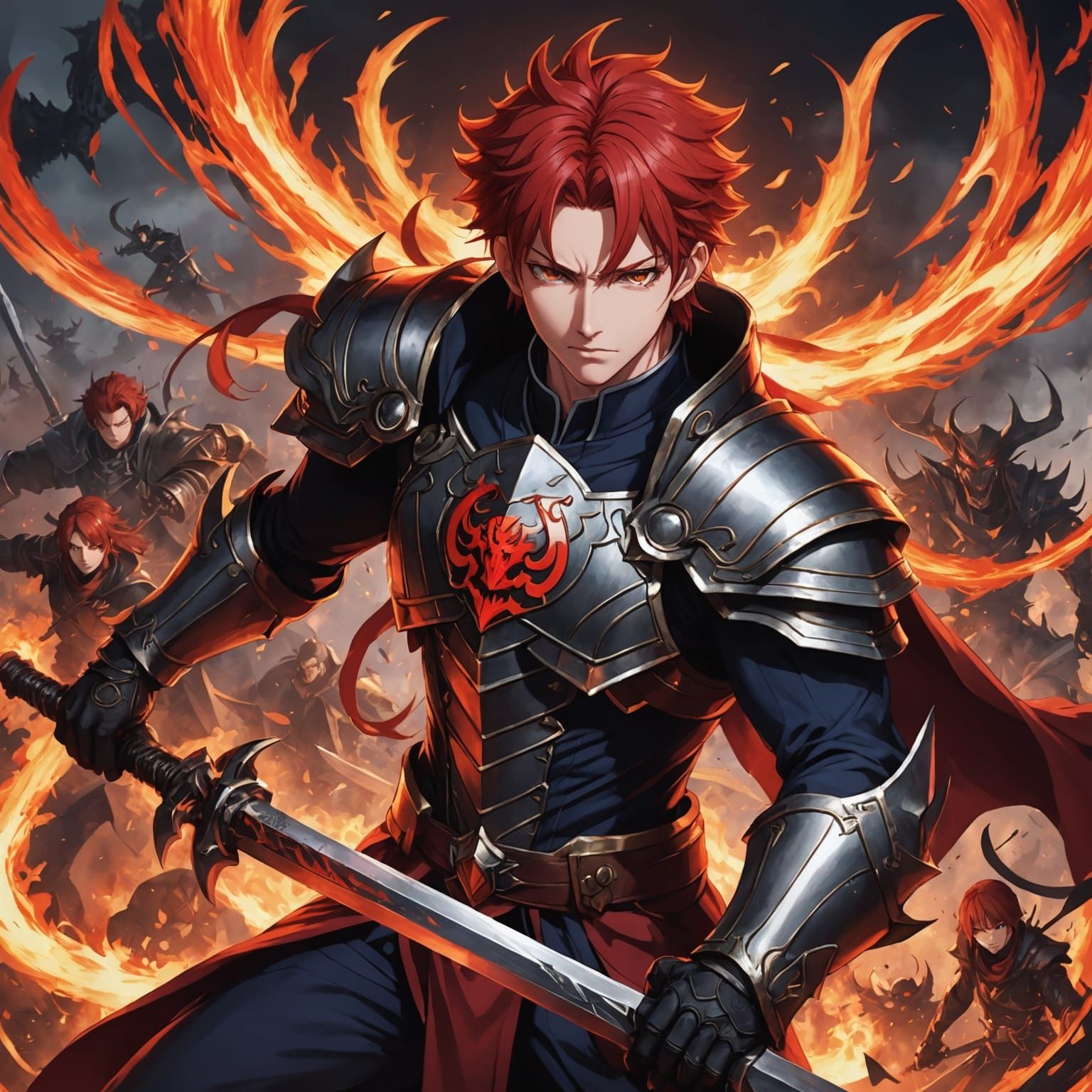 Red-Haired God Slaying Demon Army in Anime Style