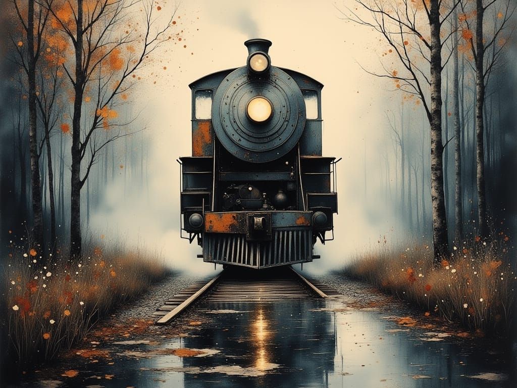 Vintage Steam Train in Misty Forest at Twilight