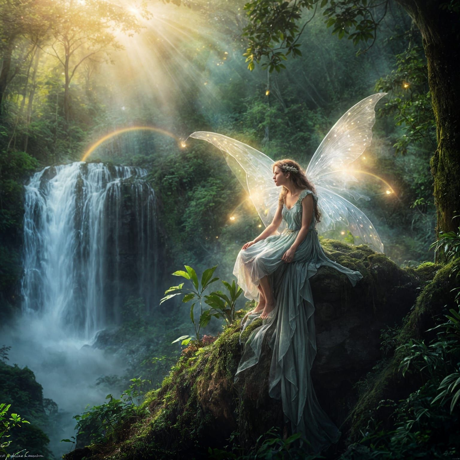 Ethereal Fairy by Rainforest Waterfall in Kinkade Style