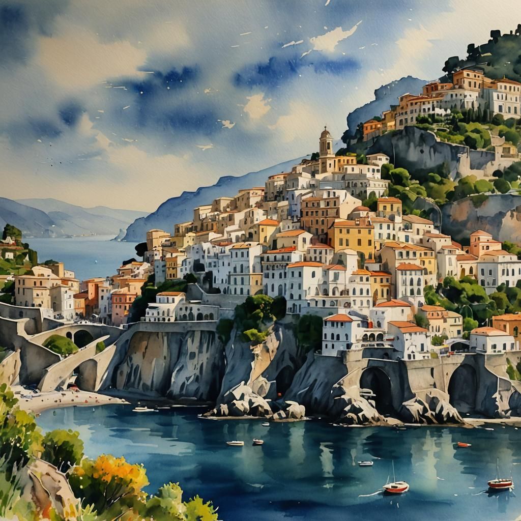 Amalfi Coast Watercolor Painting in Turner Style