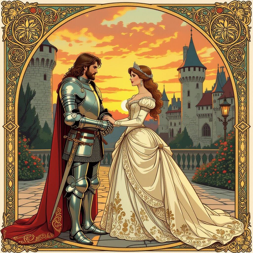 Knight and Princess Romance in Art Nouveau Style