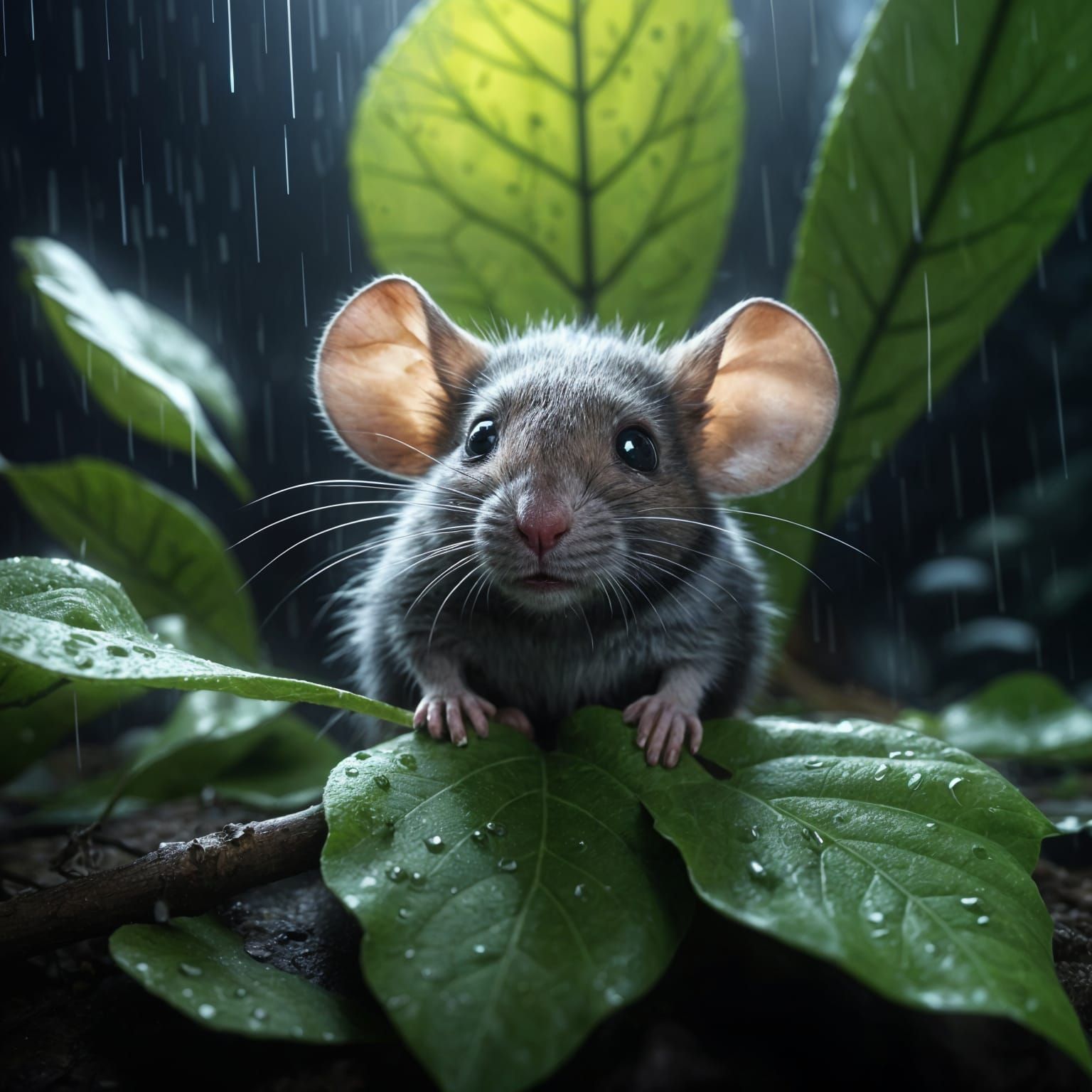 Surreal Rodent Finds Solace Under Umbrella Leaf