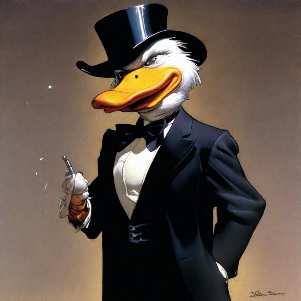 Howard the Penguin/duck  full body Alex Ross crossover comic mashup splash of new super villain