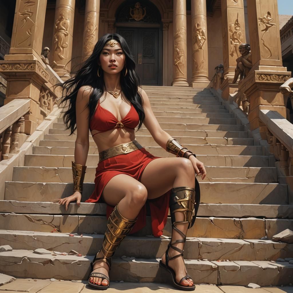 Golden Woman on Staircase: Matte Painting Style