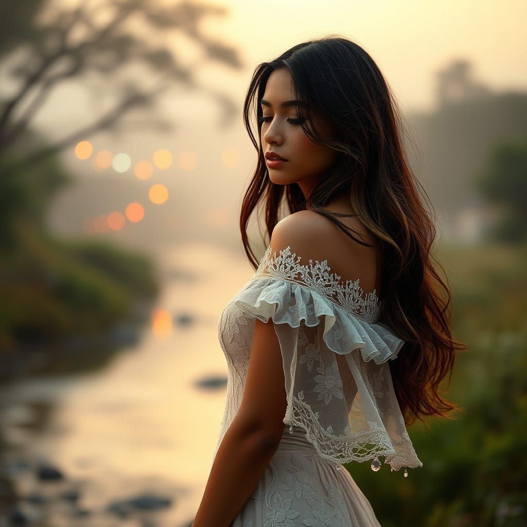 Dreamy Latina Woman in Ethereal Evening Landscape