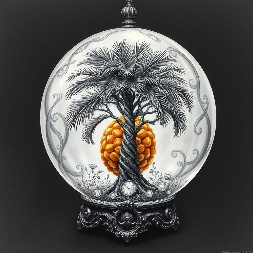 Amber Date Palm in Crystal Ball: Charcoal Drawing