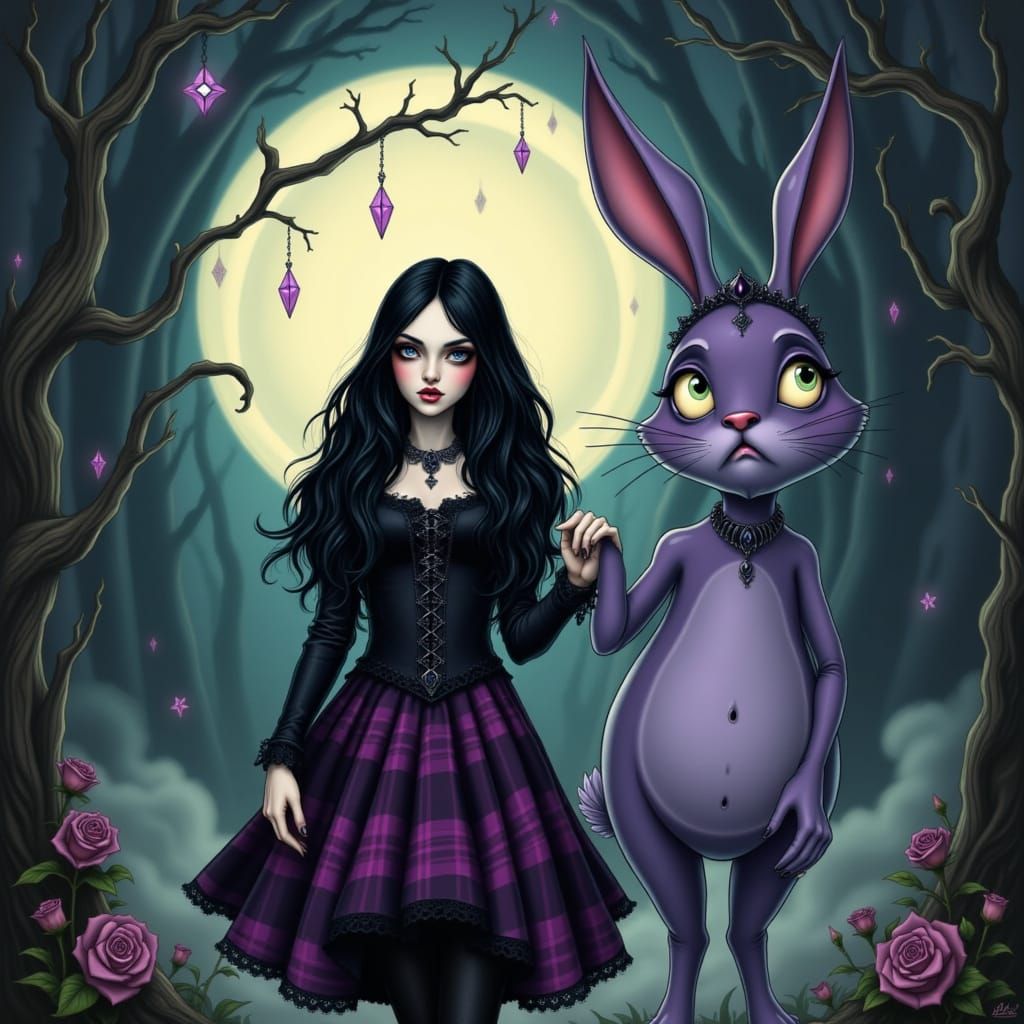 Mysterious Girl and Rabbit in Whimsical Dark Fantasy