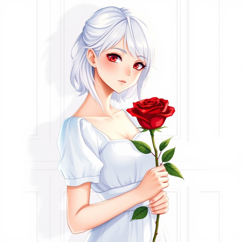 Anime Style White-Haired Woman with Rose