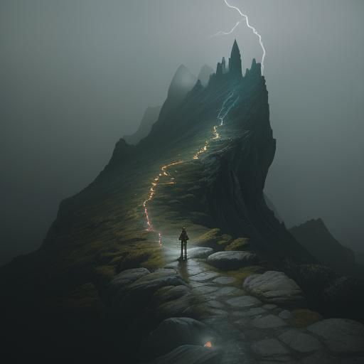 Wizards on Mountain Path in Dark Fantasy Film Still