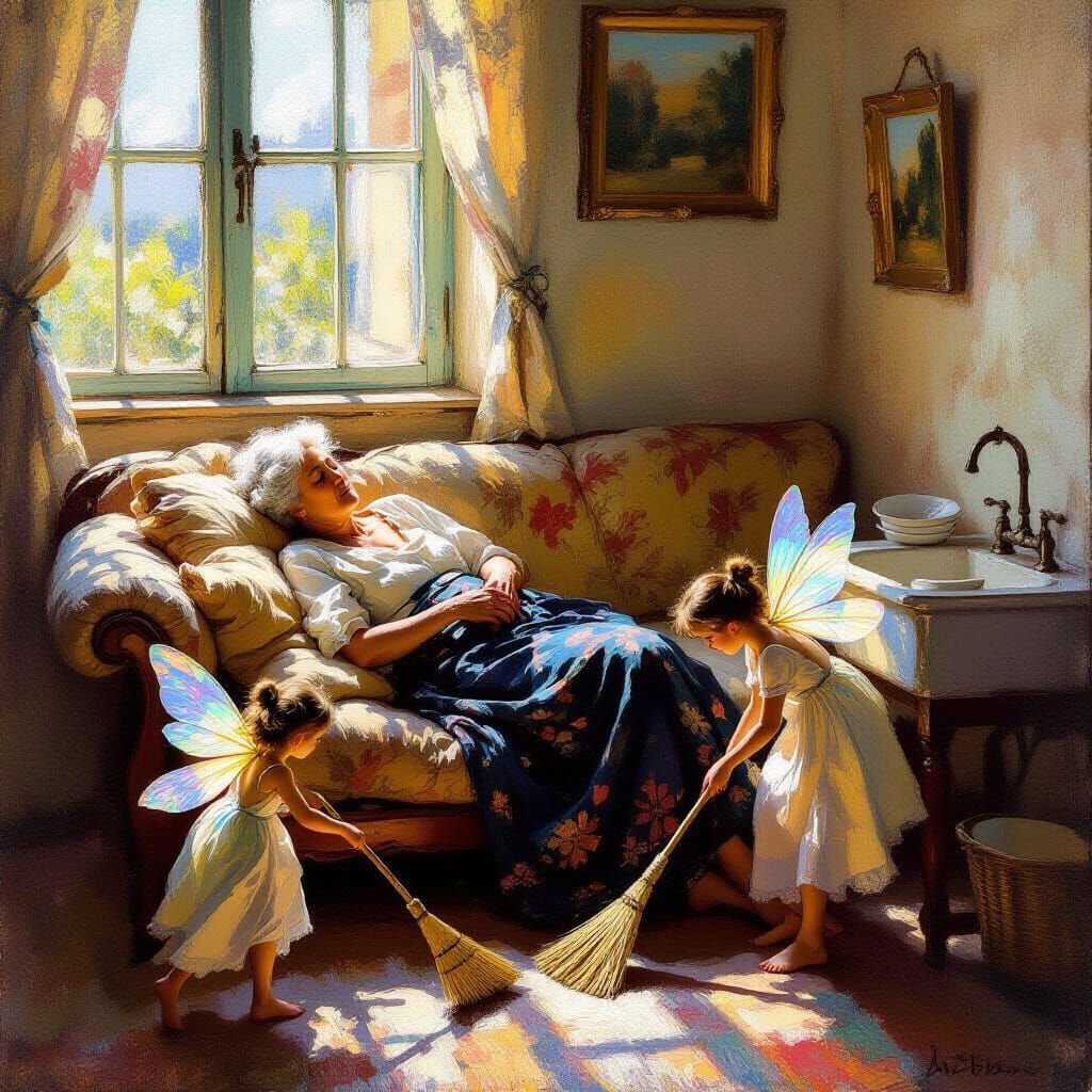 Elderly Woman Sleeps While Fairies Help, Impressionist Style
