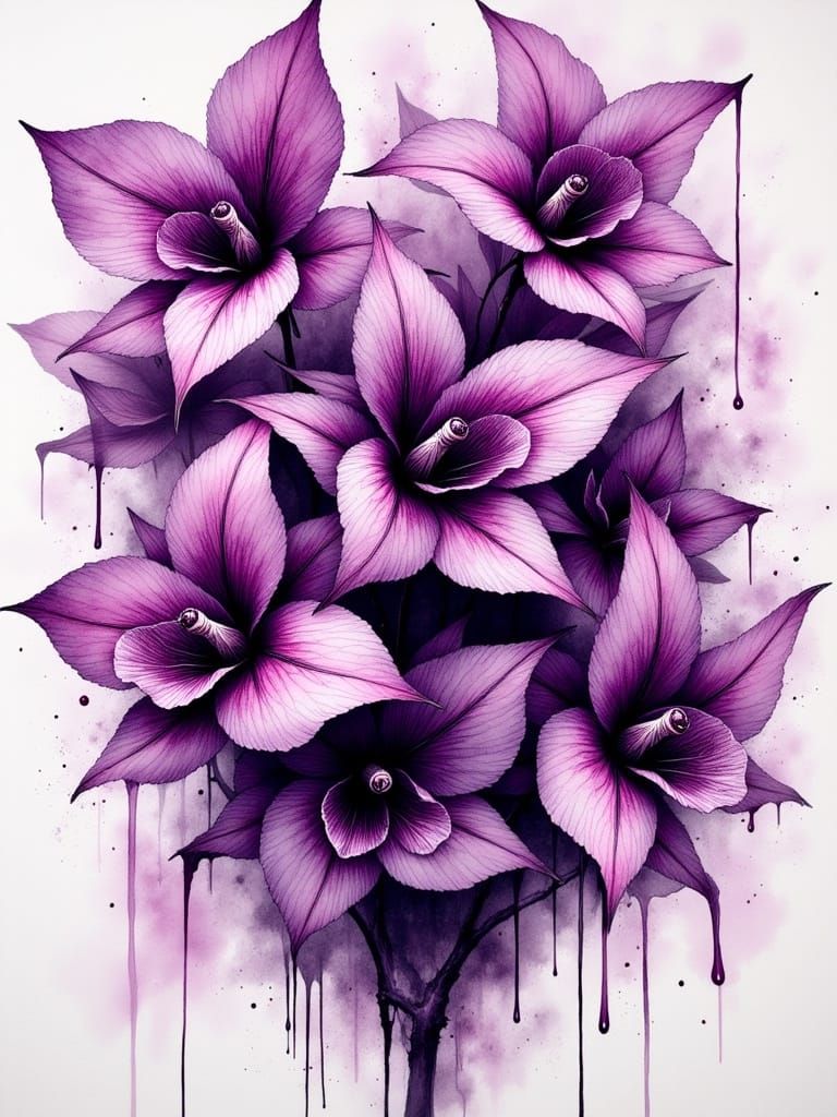 Purple Serpent Orchid in Ink Crosshatching Style