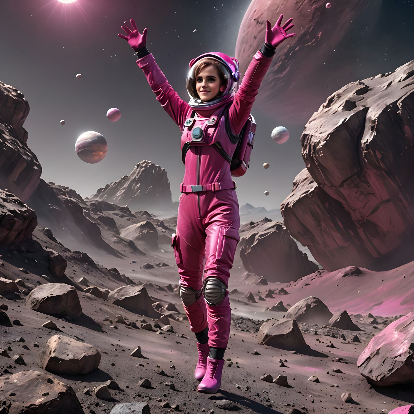Emma Watson in her fuchsia spacesuit, looking ecstatic on th...