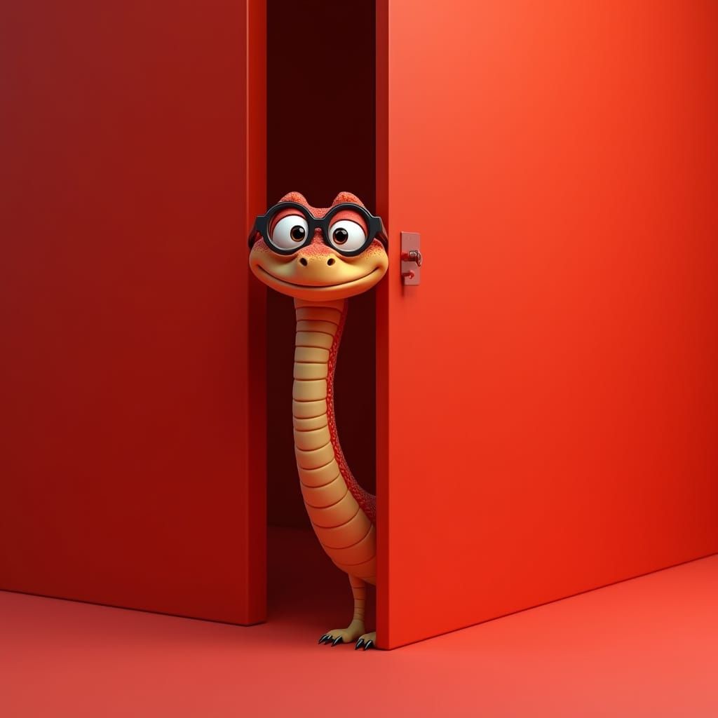 Whimsical Snake with Glasses in Bright Red Background