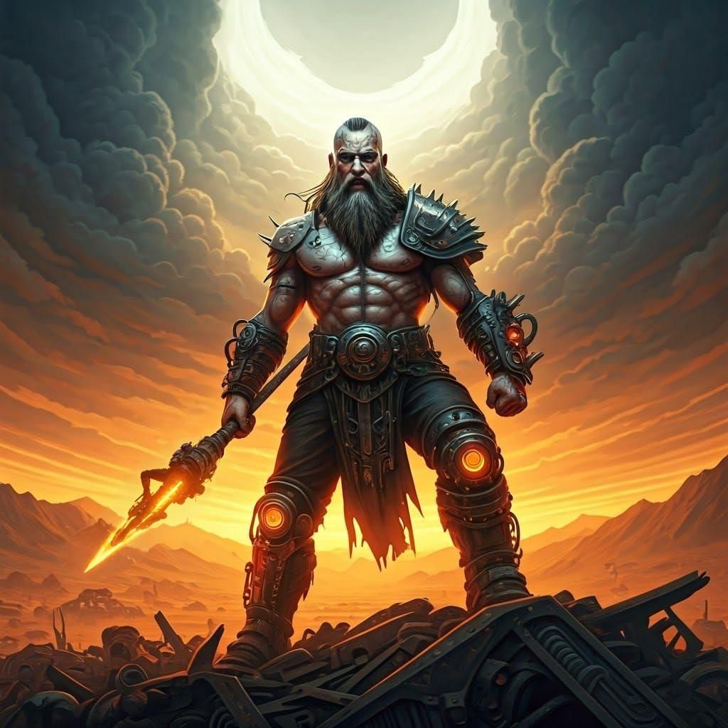 Cyberpunk Viking Warrior Triumphant on Scrap Heap