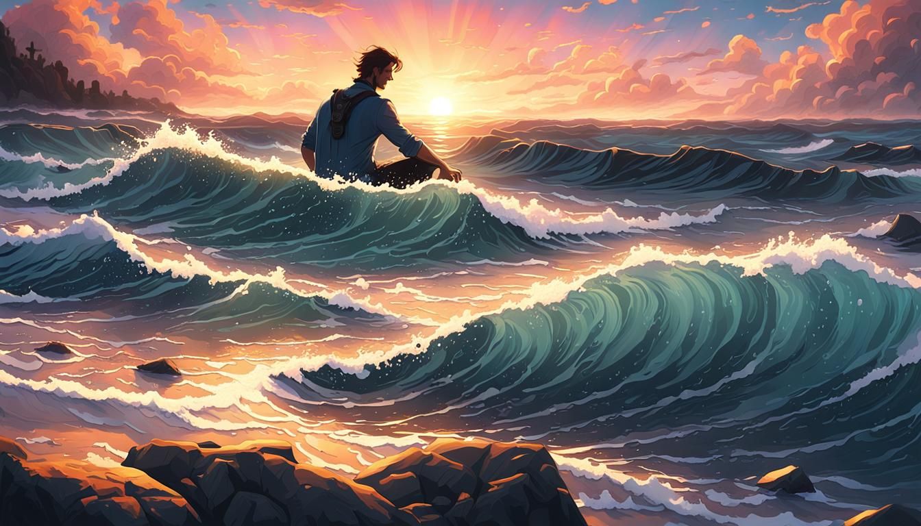 Anime Boy at Sunset by the Sea