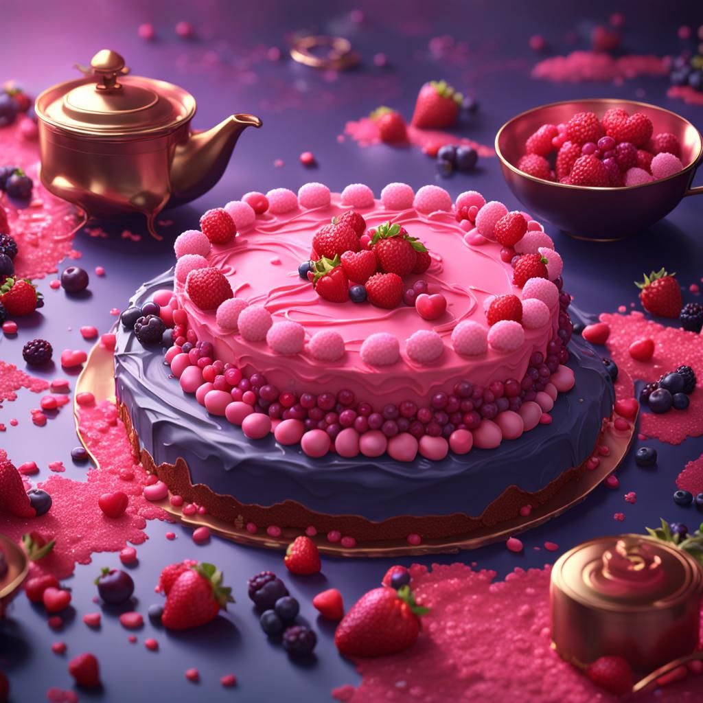 Fantastical Pink Berry Heart Cake: Matte Painting