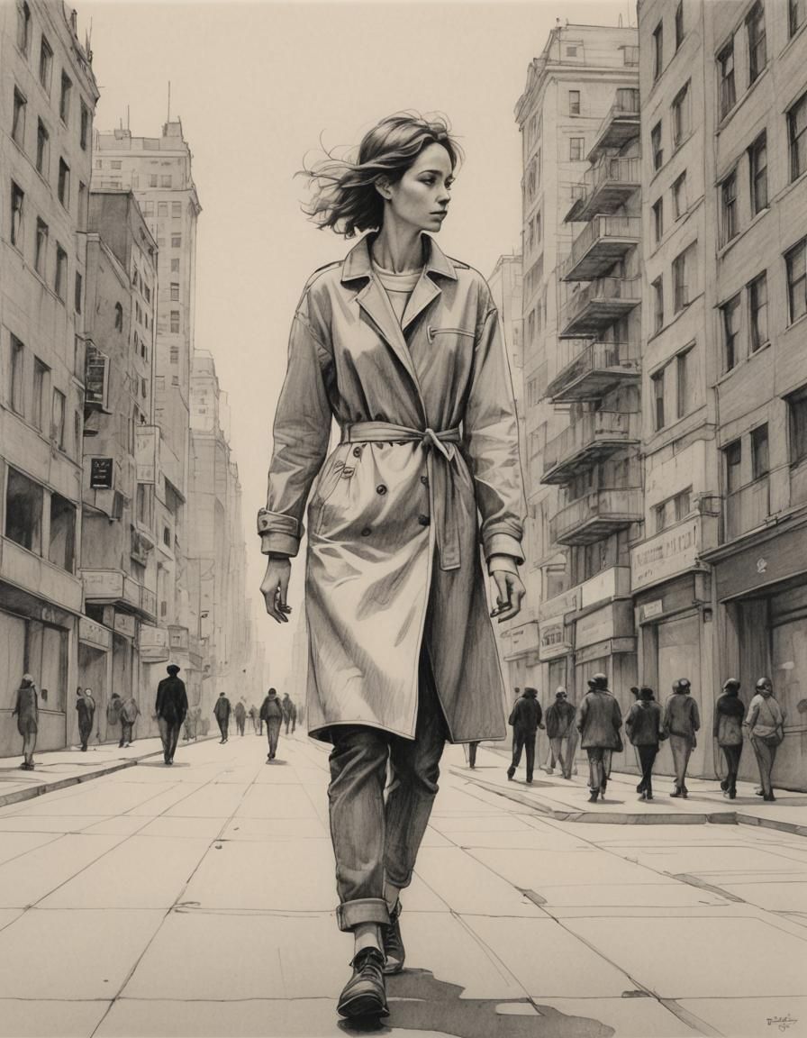 Minimalist Pencil Drawing of Woman Walking to City