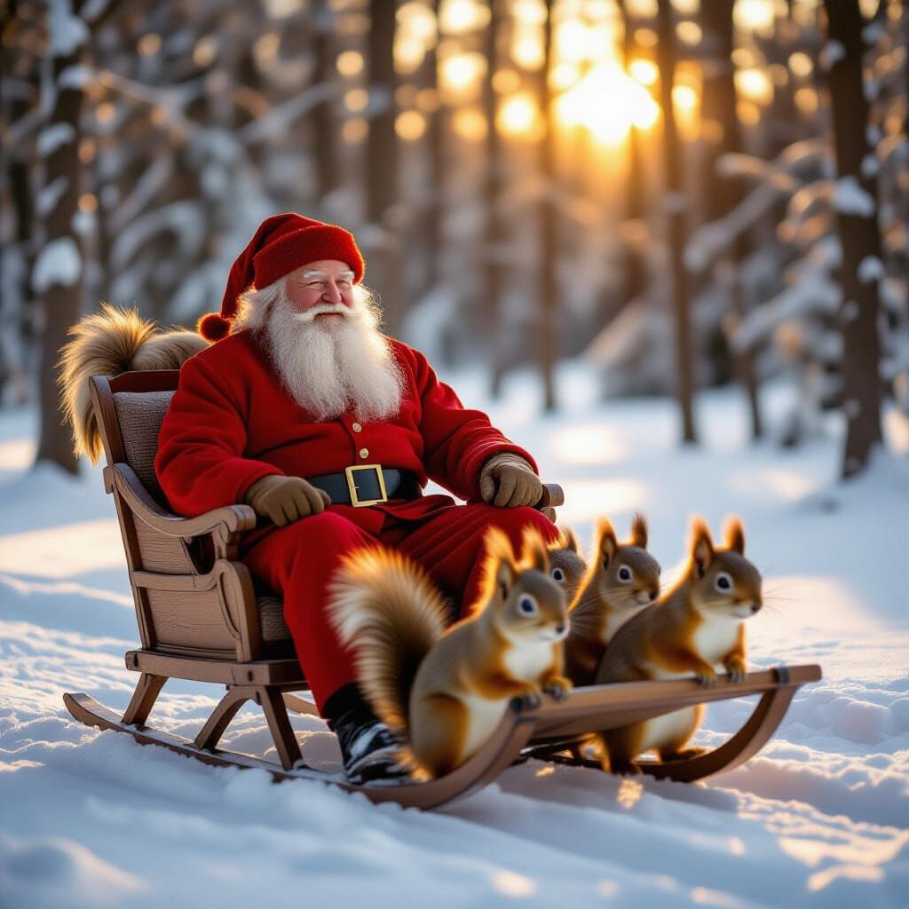 Moș Crăciun in Snowy Forest with Squirrels
