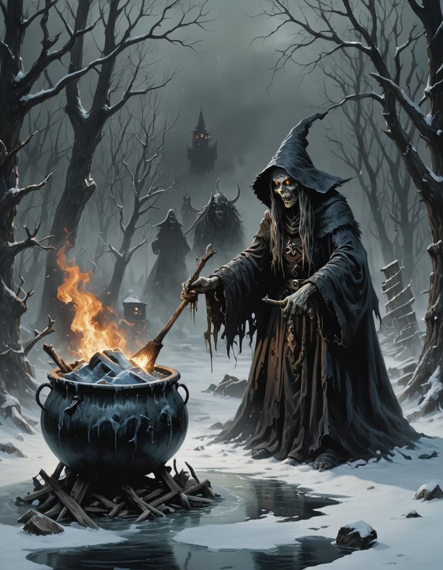 Sinister Gothic Ice Hag Witch Stirring Cauldron