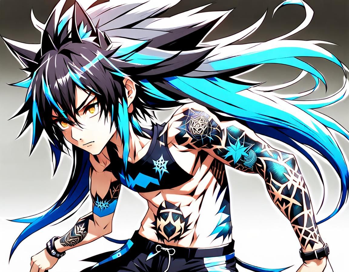 Emo Catboy with Tattoos in Anime Style
