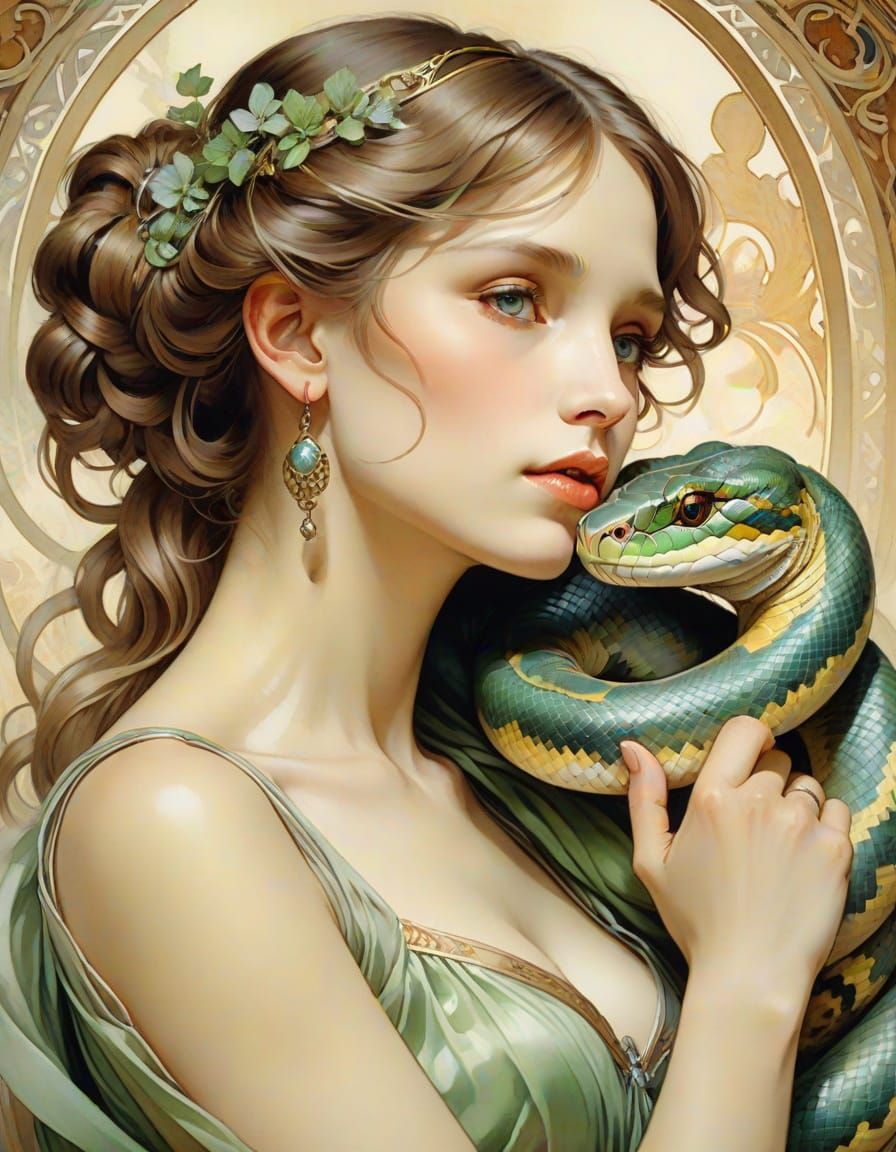 Woman and Python in Delicate Watercolor Style