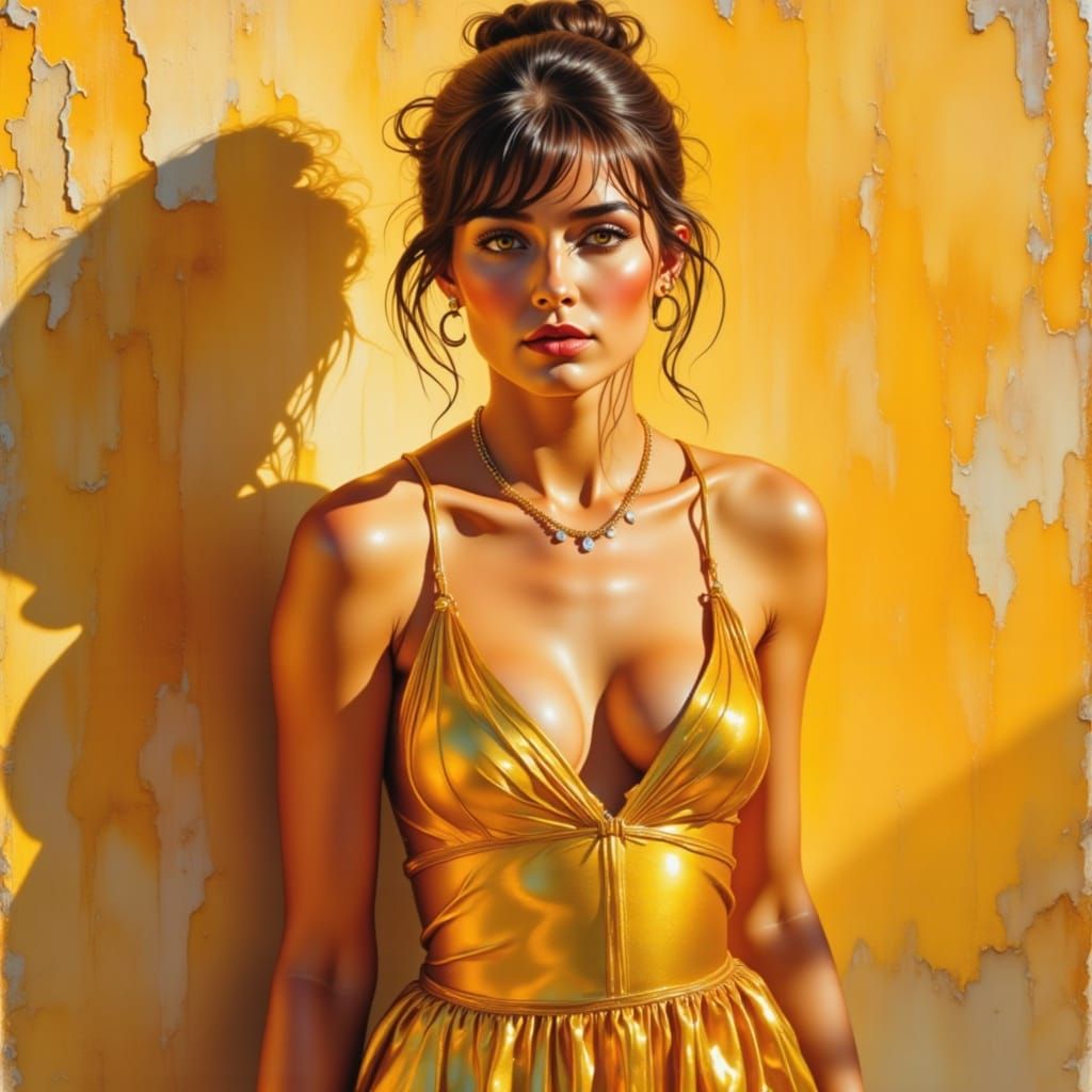 1930s Pin-Up Woman in Gold Dress, Zorn Palette