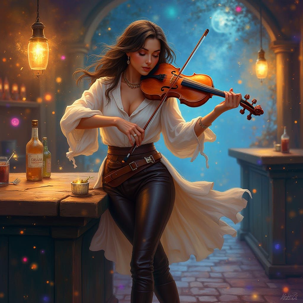 Female Bard Dancing on Table with Glowing Fiddle