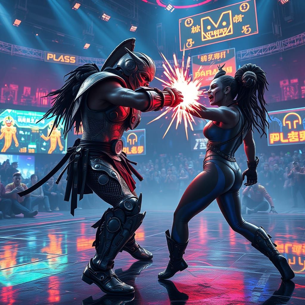 Cyberpunk Arena Showdown in a Kaleidoscope of Neon Lights