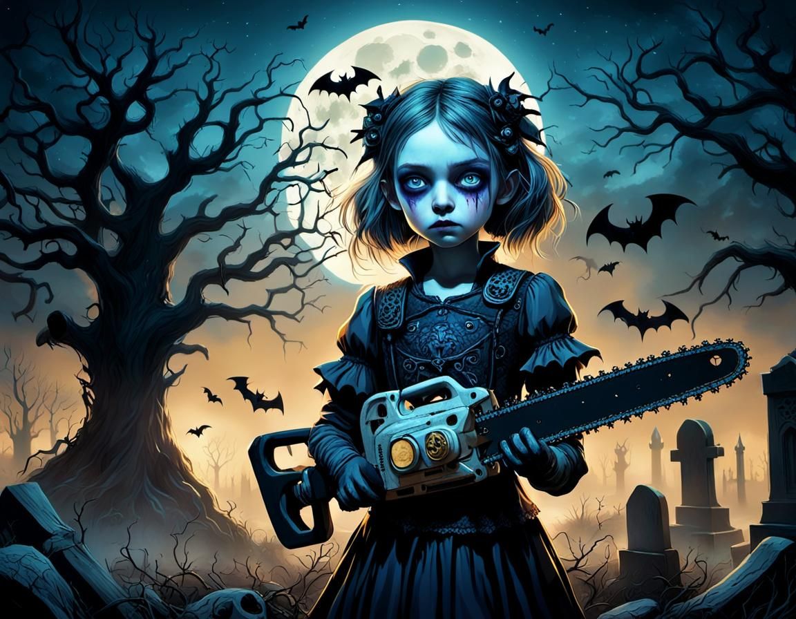 Cute Girl with Chainsaw in Dark Fantasy Art